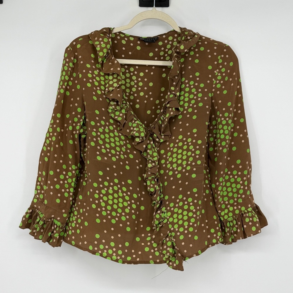 Carole Little 100% Silk Ruffle Blouse Brown Green Polka Dot Large Y2K Whimsigoth